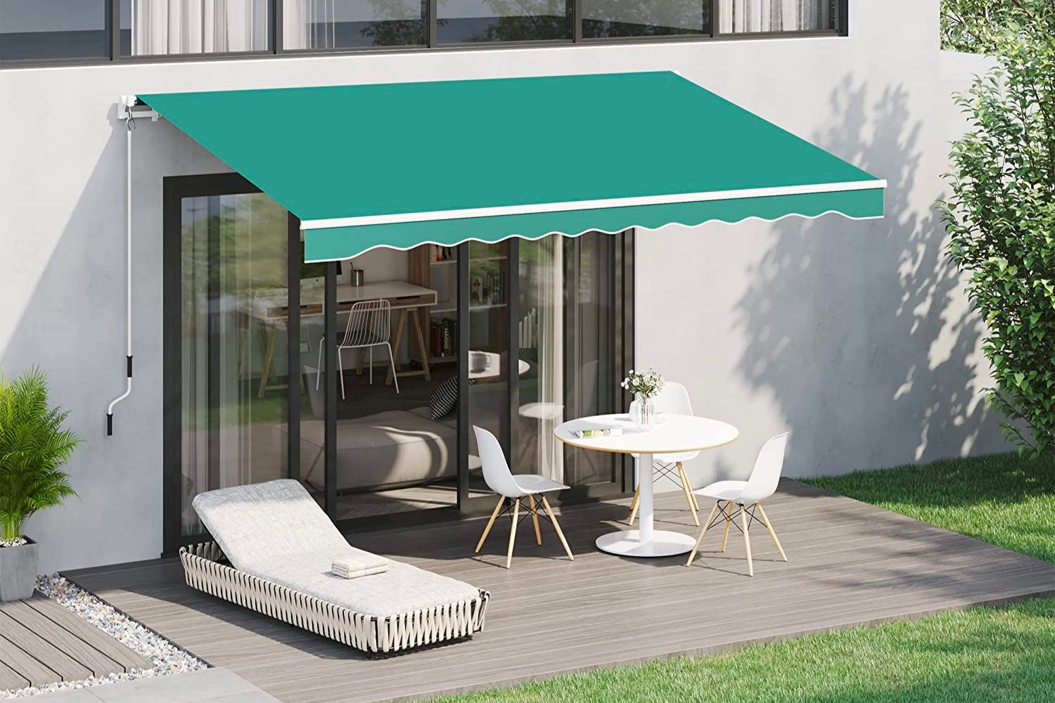 The Best Retractable Awnings Option extends off a sliding glass door over patio furniture