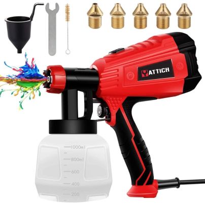 Yattich HVLP Electric Paint Sprayer and all it's accessories, spraying colorful paint on a white background