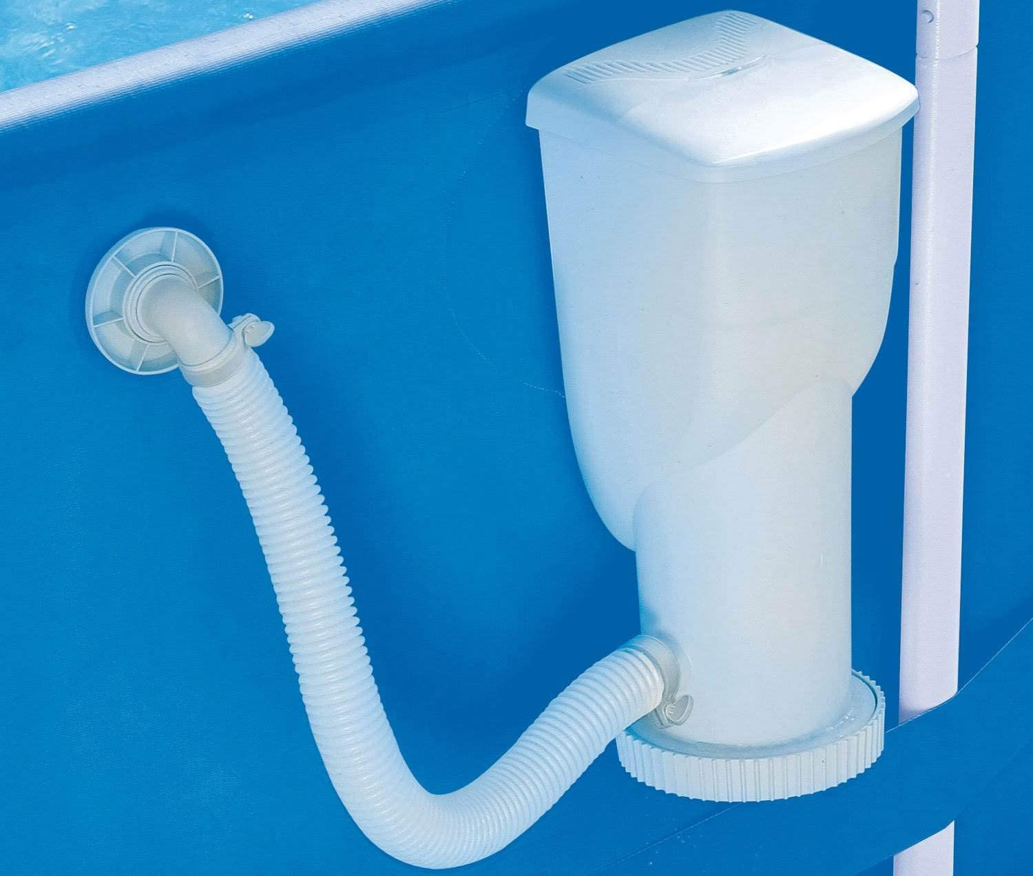 The best above-ground pool filter option installed in the wall of an above-ground pool