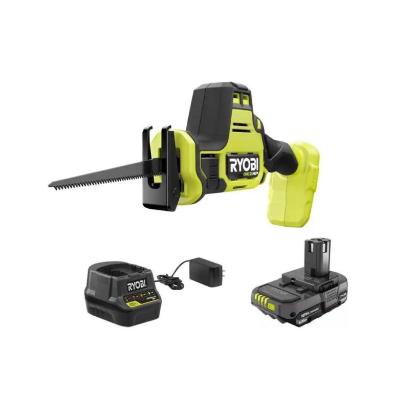 Ryobi 18V One+ HP Brushless Reciprocating Saw next to its battery and charger
