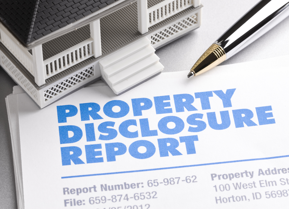 Property Disclosure Report with house and pen. ++All numbers and text is fictitious++