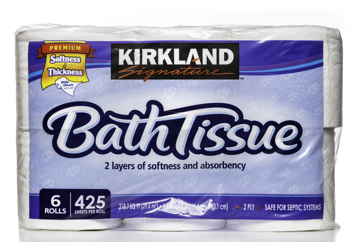 Miami, USA - March 23, 2014: Kirkland Signature bath tissue 6 rolls package. Kirkland Signature brand is owned by Costco Wholesale Corporation.