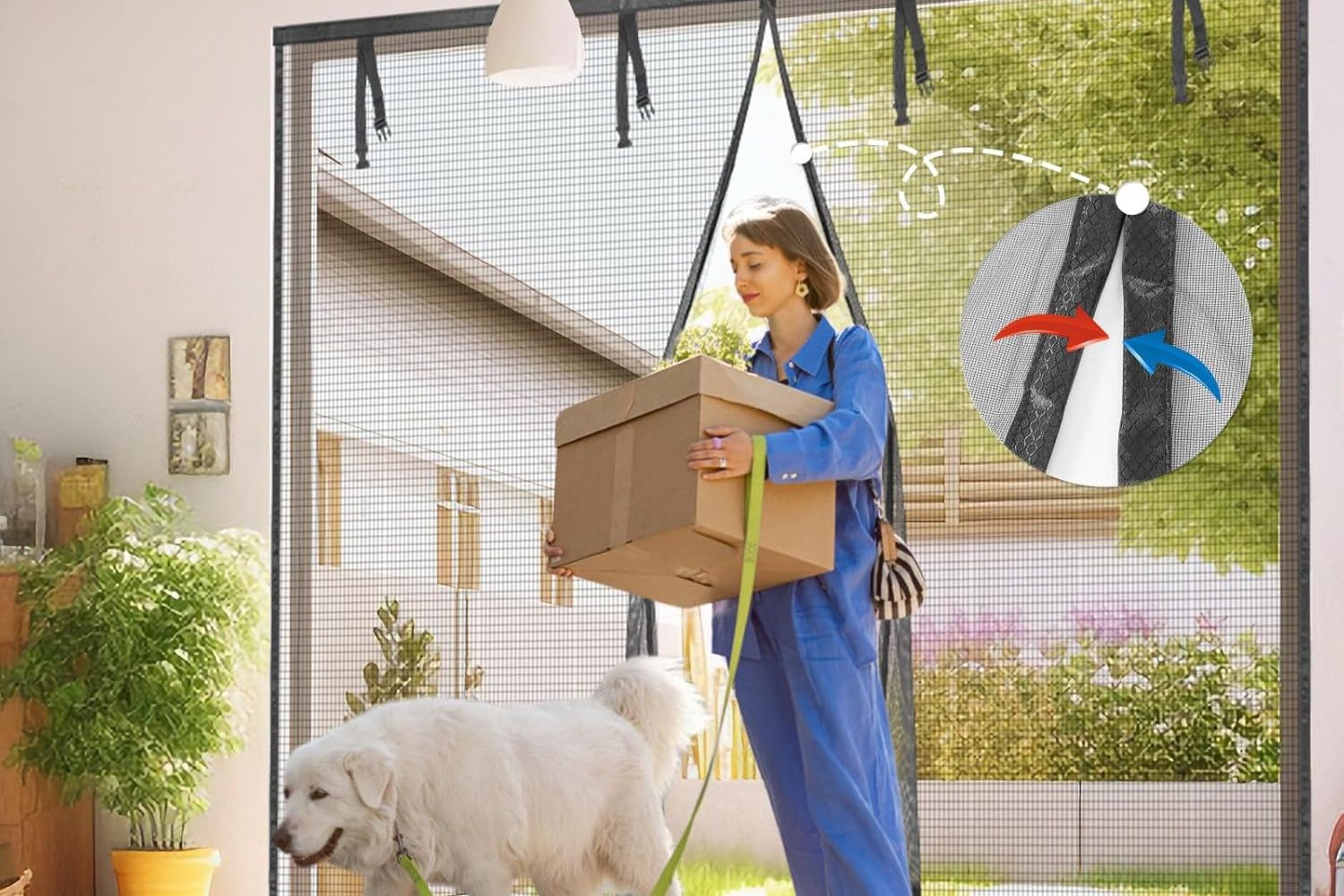 a woman with a dog and a parcel using one of the Best garage door screens