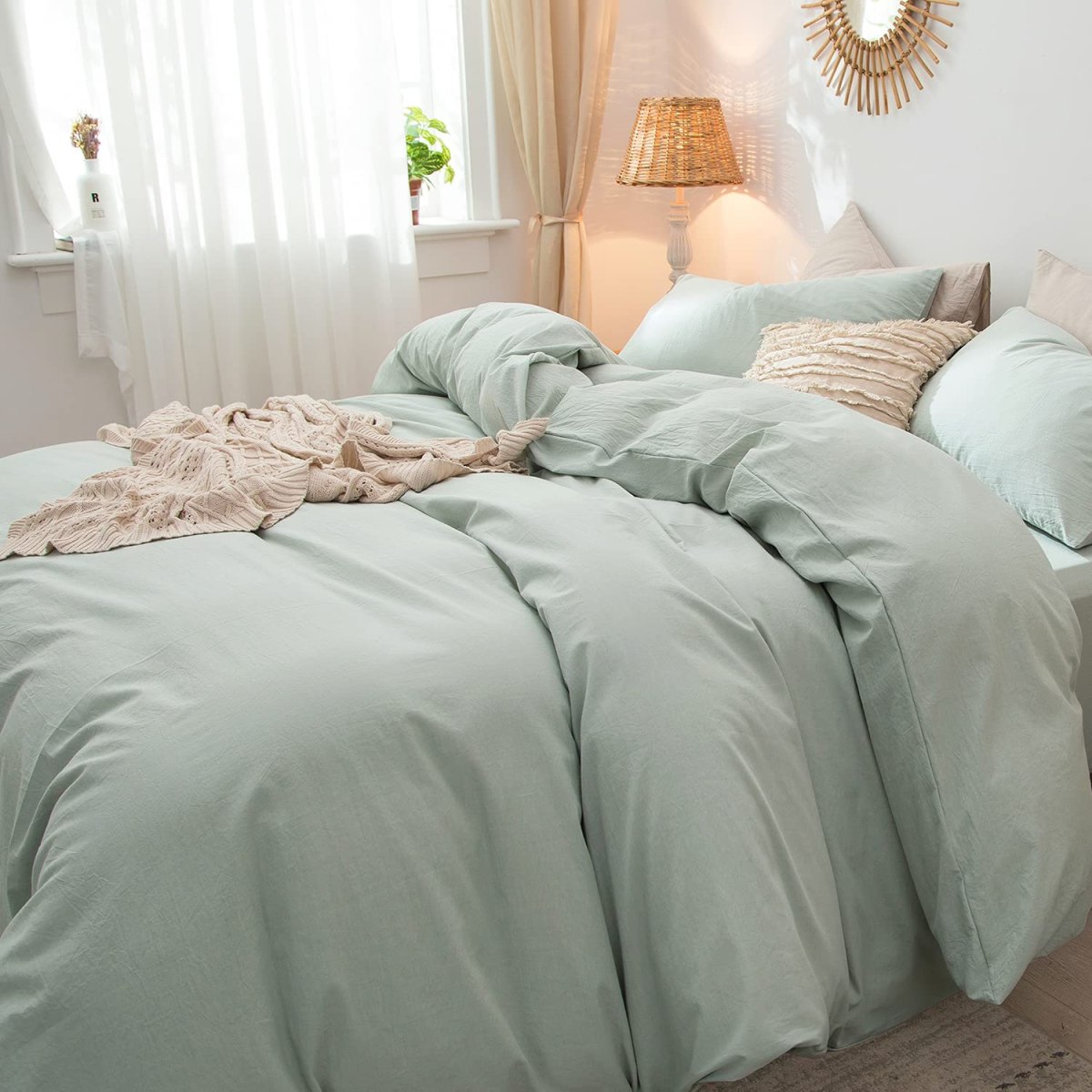 Sage Green Duvet Cover on Bed