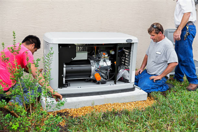 Three workers install a new generator outside a home.