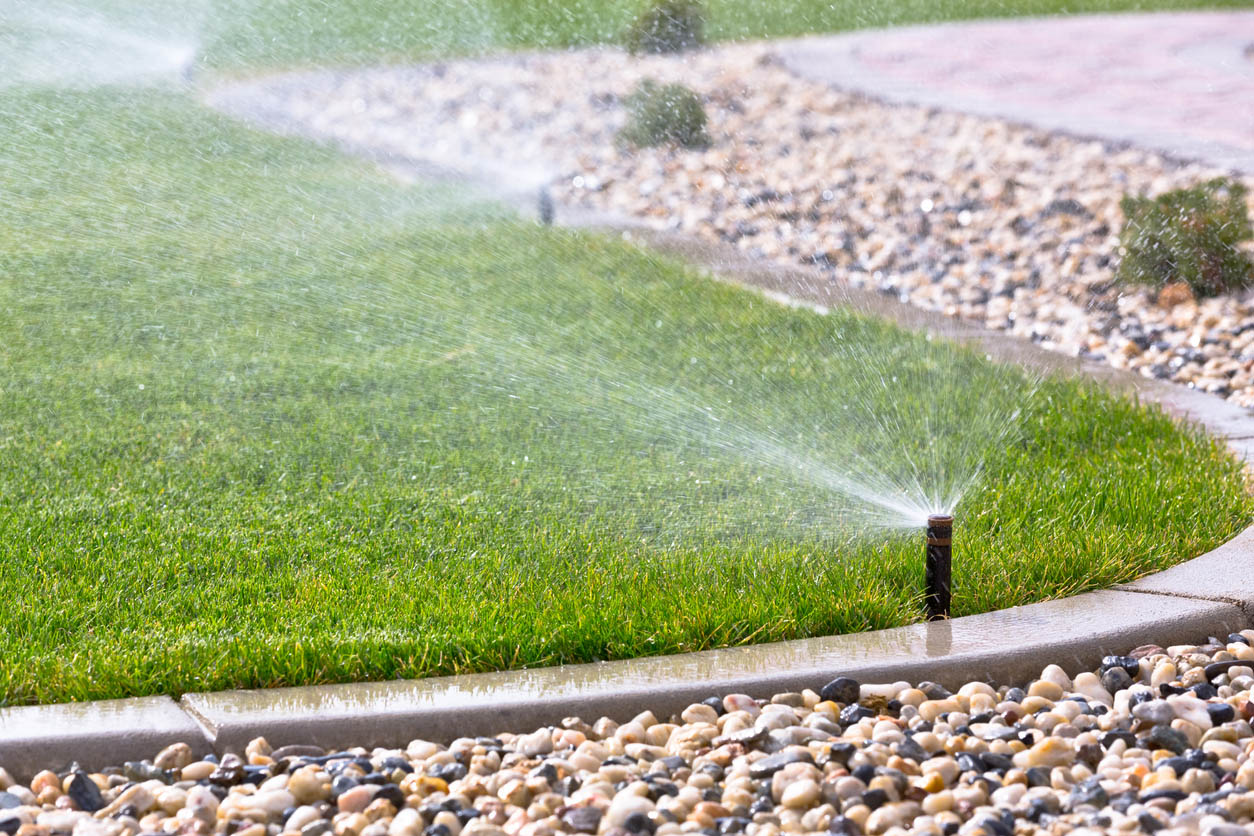 A view of a sprinkler watering a healthy lawn. 