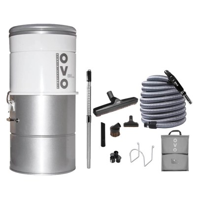 The OVO Large Household Hybrid Central Vacuum System and its accessories on a white background.