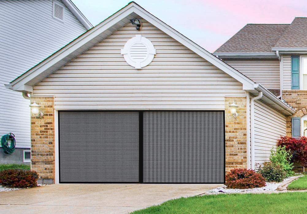A house with the best garage door screens option closed over the garage doors
