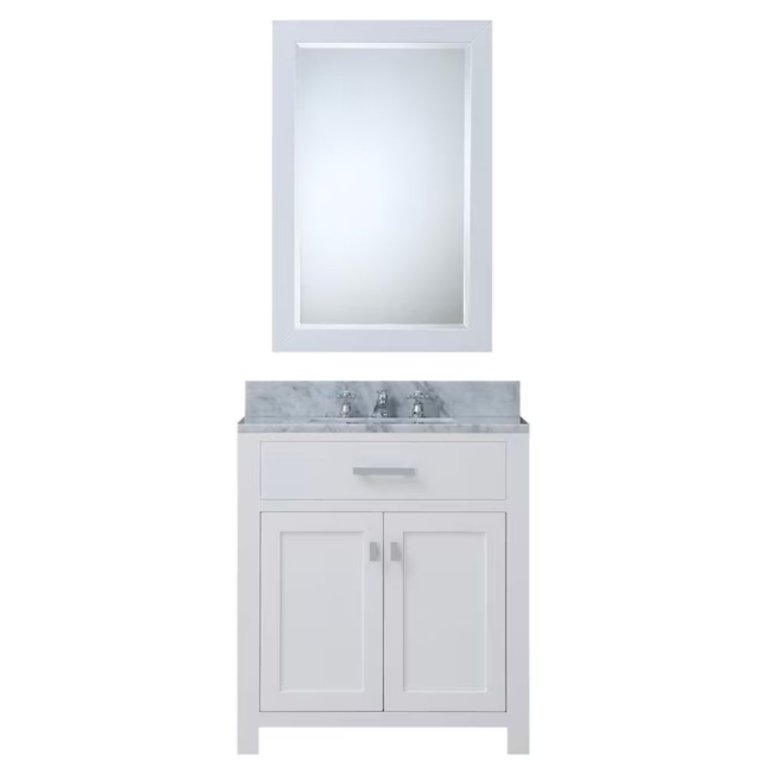  The Water Creation Madison 30-Inch Modern White Vanity on a white background.