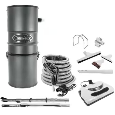  The Canavac Electric 756 Max AW Lamb Central Vacuum and its accessories on a white background.