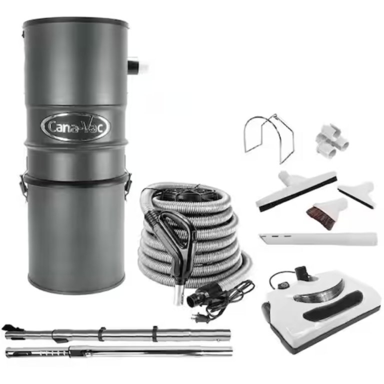  The Canavac Electric 756 Max AW Lamb Central Vacuum and its accessories on a white background.