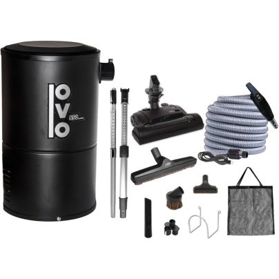 The OVO 550AW-18L Compact Central Vacuum System and its accessories on a white background.