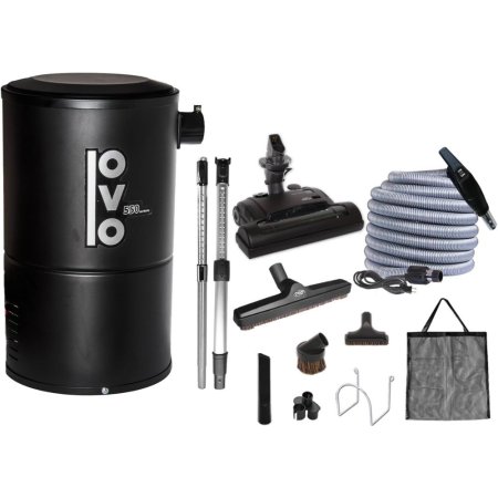  The OVO 550AW-18L Compact Central Vacuum System and its accessories on a white background.