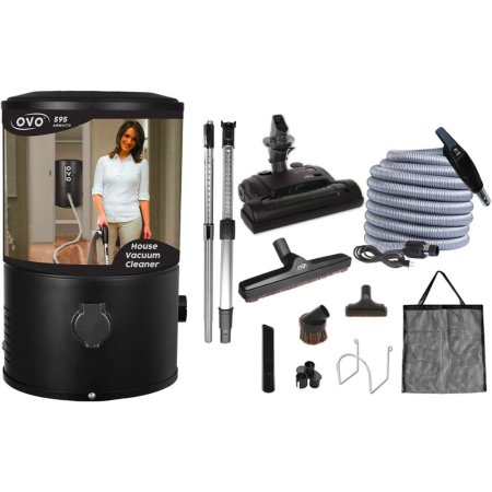  The OVO 595 AW Portable Vacuum System (with a photo on it of a woman using it) and its accessories on a white background.
