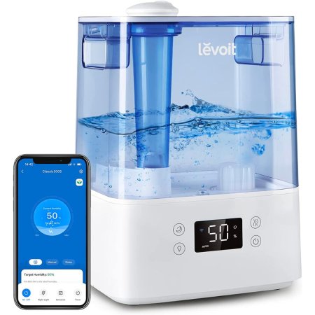  Levoit Classic 300S Ultrasonic Smart Humidifier and a smartphone on a white background