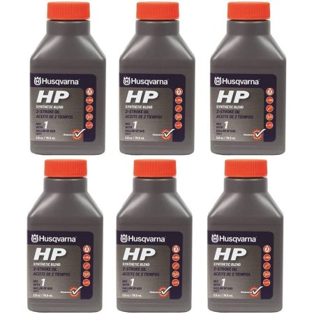 6 bottles of Husqvarna HP SYNTH 2-CYC OIL 2.6OZ on a white background
