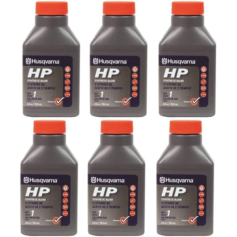  6 bottles of Husqvarna HP SYNTH 2-CYC OIL 2.6OZ on a white background