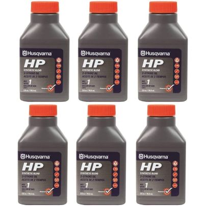 6 bottles of Husqvarna HP SYNTH 2-CYC OIL 2.6OZ on a white background