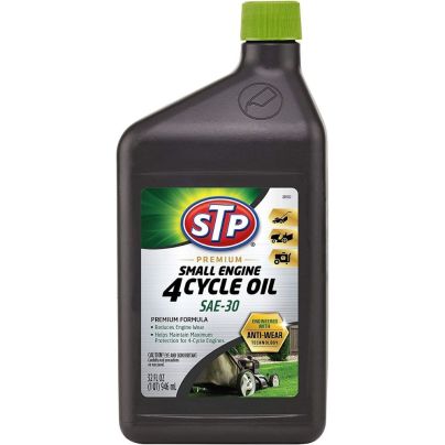 Bottle of STP 4 Cycle Oil Formula, Engine Care for Lawnmower on a white background