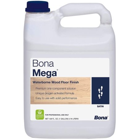 Bottle of Bona Mega Polyurethane Wood Floor Finish on a white background