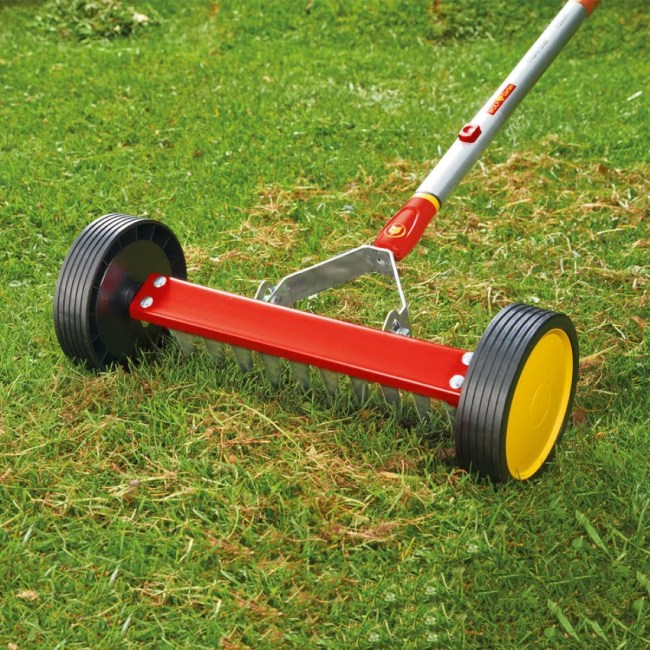 A red manual dethatcher roller rake on green grass.