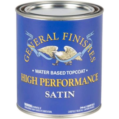 Can of General Finishes High-Performance Water-Based Topcoat on a white background