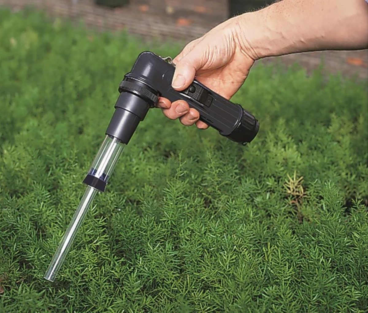 Person using handheld vacuum on plants.