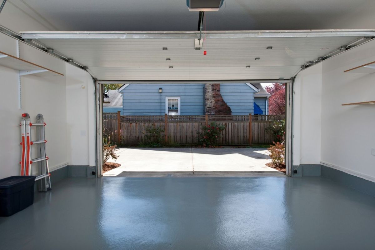 A view of an open garage door.
