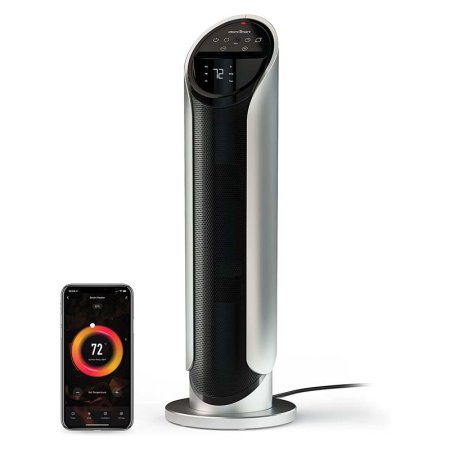  The Atomi Smart Wi-Fi Ceramic Space Heater on a white background next to a phone showing the Atomi app.