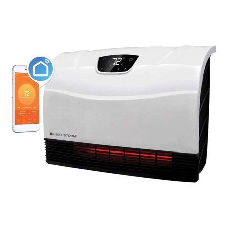  The Heat Storm HS-1500-PHX Infrared Space Heater on a white background next to a phone showing the Heat Storm app.