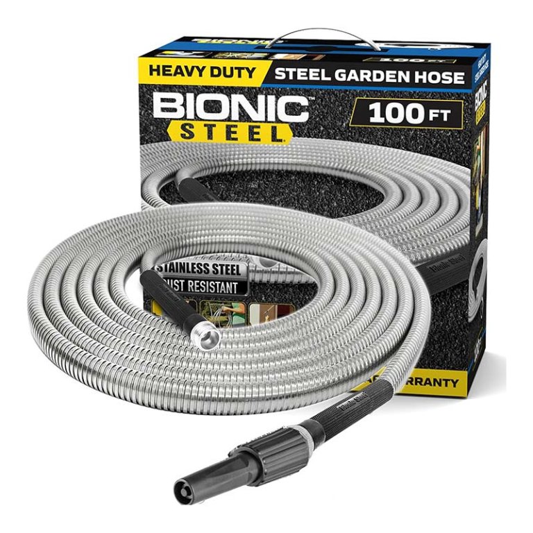  Box of Bionic Steel 100-Foot Rustproof Garden Hose on a white background