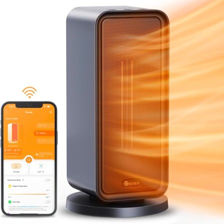  The Govee Smart Space Heater on a white background next to a phone showing the Govee app.