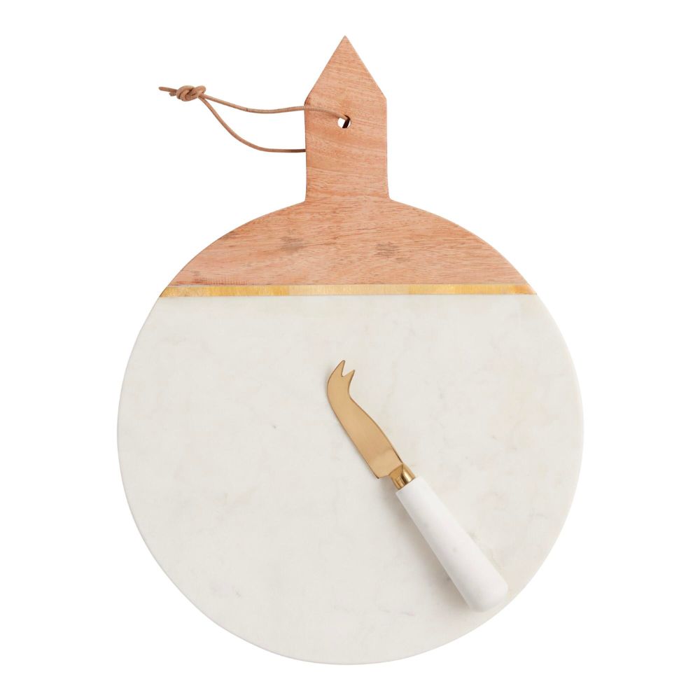 The Best Hostess Gifts: White Marble And Wood Cheese Board And Knife Set