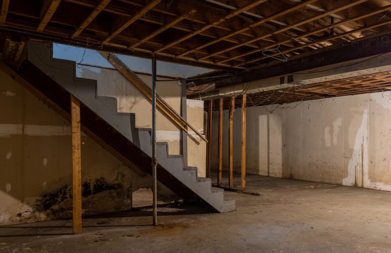 Stairway leading down to a dark, empty basement with cement walls.
