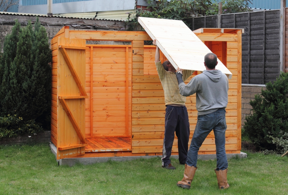 Two workers are adding a flat roof to a partially built wooden shed.