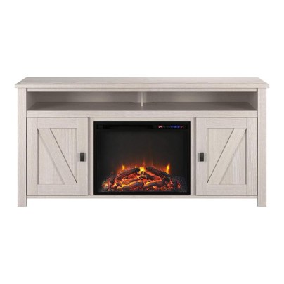 The Ameriwood Home Farmington Electric Fireplace Console with a fire burning inside on a white background.