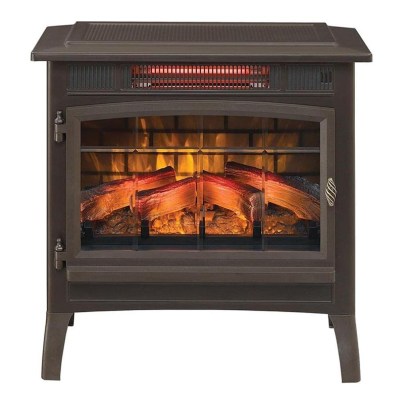 The Duraflame 3D Infrared Electric Fireplace Stove Heater on a white background with a fire glowing inside the fireplace heater.