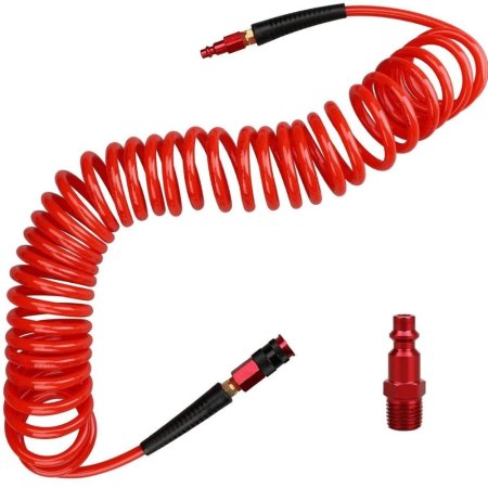  The Hromee ¼-Inch 25-Foot Polyurethane Recoil Air Hose and its included attachment on a white background.