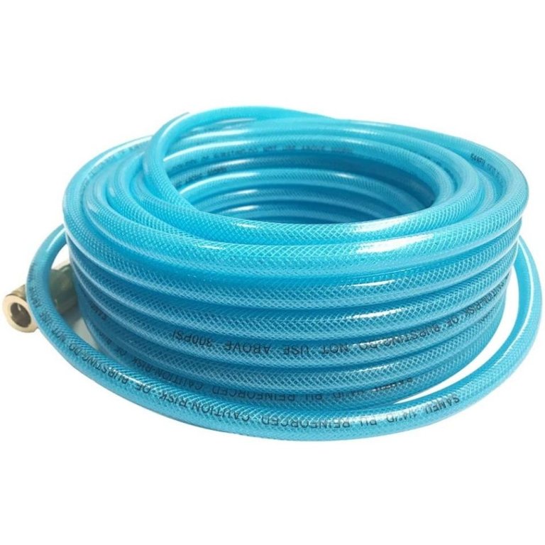  The Sanfu Polyurethane Reinforced ¼-Inch ID Air Hose wound up in a circle on a white background.