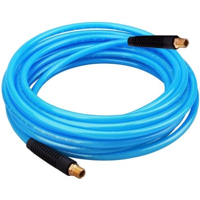 The Wynnsky ¼-Inch 25-Foot Polyurethane Hose wound up on a white background.