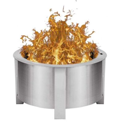 The Breeo X24 Smokeless Fire Pit with flames coming out of the top on a white background.