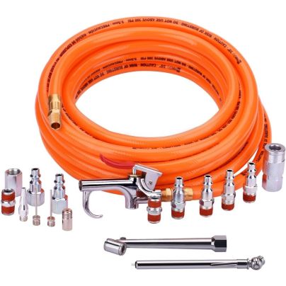 The Wynnsky ⅜-Inch 25-Foot PVC Air Compressor Hose and an array of included attachments and accessories on a white background.