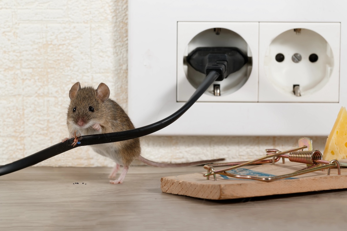 A small mouse chews at an electrical cord near a mouse trap in a home.