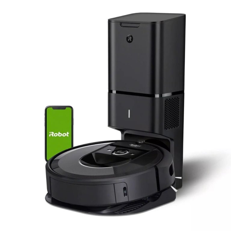 iRobot Roomba i7+ (7550) Wi-Fi Connected Robot Vacuum and app on white background