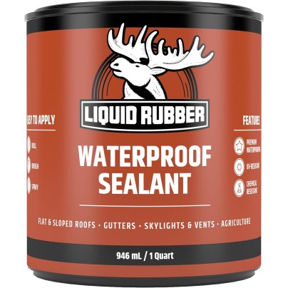 Brown tub of Liquid Rubber Waterproof Sealant on white background