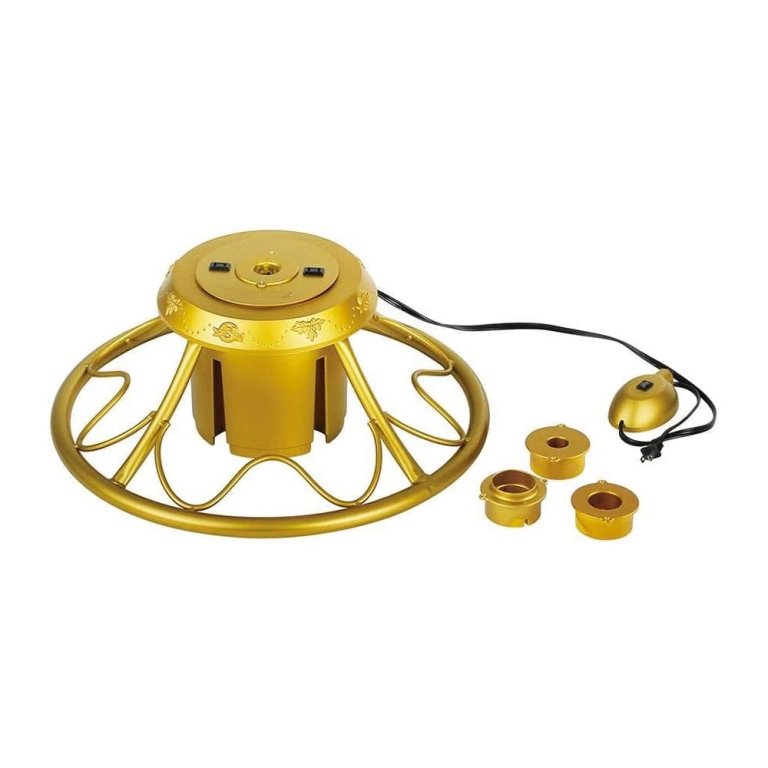 Home Heritage Electric 360-Degree Rotating gold Tree Stand on a white background with pole adapters