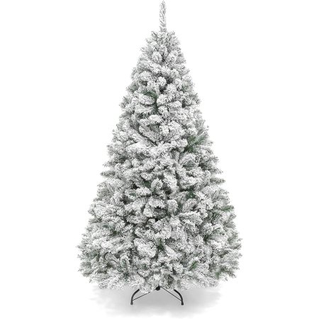  The Best Choice Products Snow Flocked Christmas Tree in its included stand on a white background.
