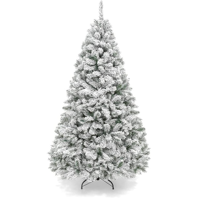  The Best Choice Products Snow Flocked Christmas Tree in its included stand on a white background.