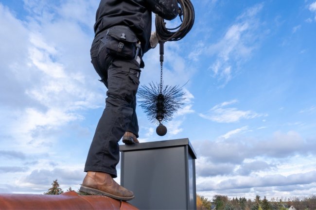 A worker dressed in black stands on a red tile roof and prepares to clean a chimney.