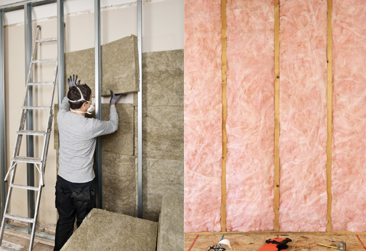 An image of man installing faced insulation panels next to an image of unfaced insulation.